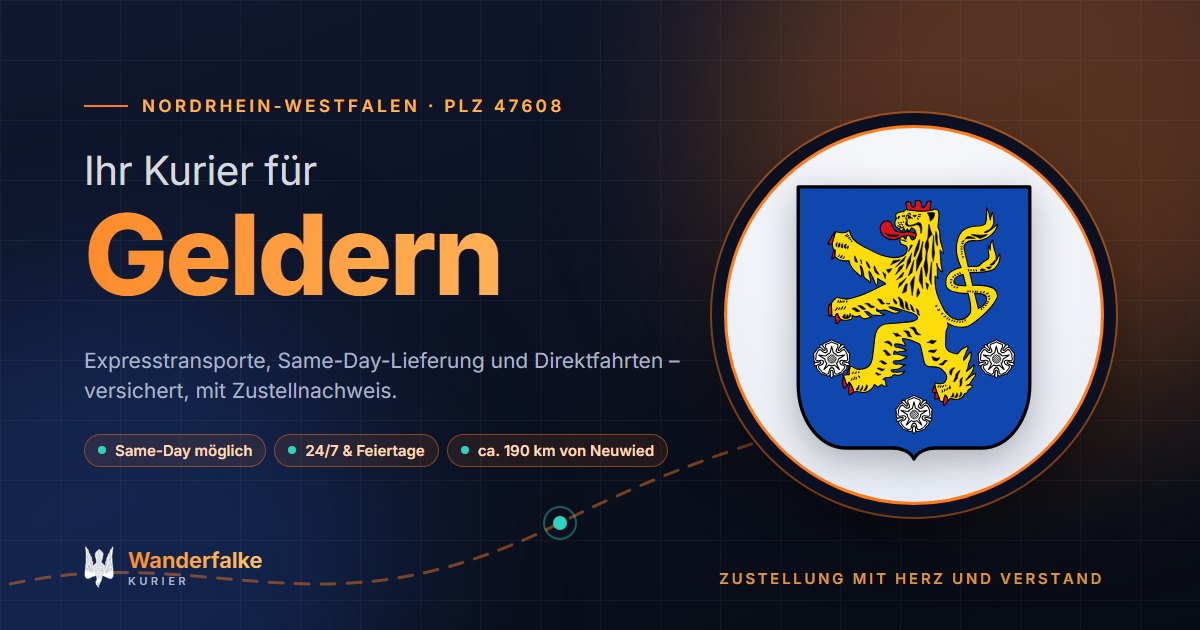 Kurierdienst Geldern: Wappen von Geldern und das Angebot von Wanderfalke Kurier – Express, Same-Day und Direktfahrt ab Neuwied