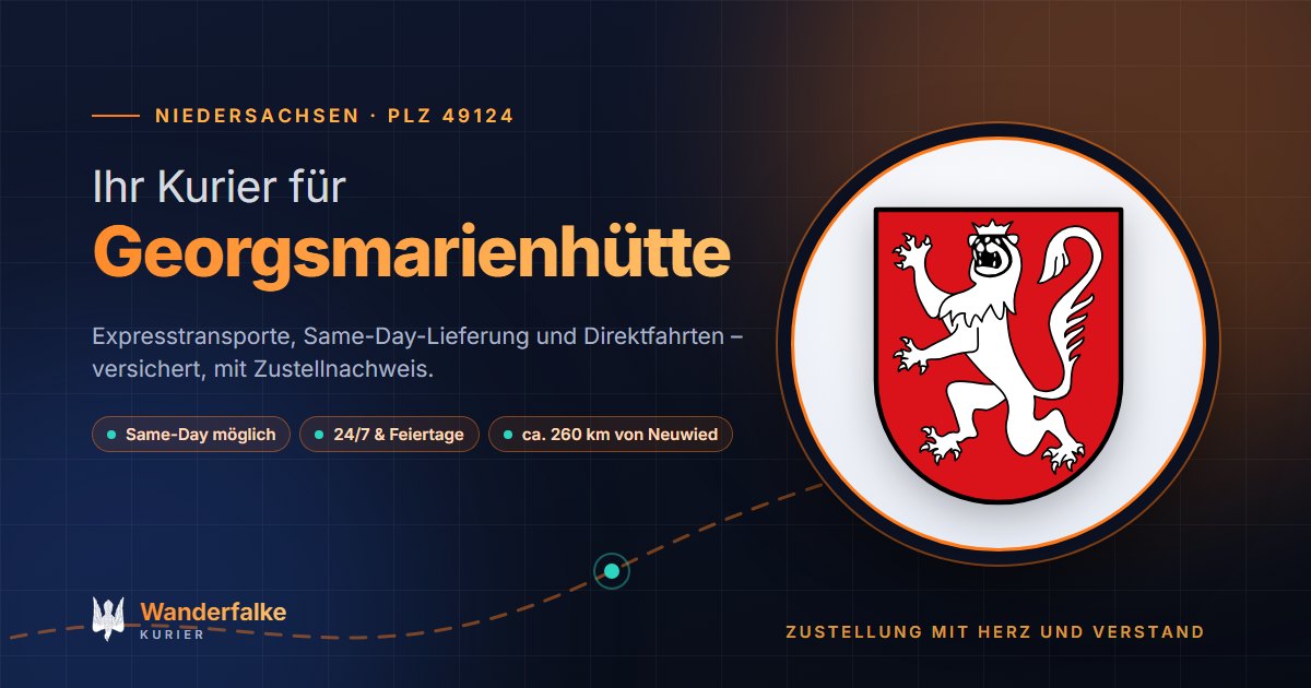 Kurierdienst Georgsmarienhütte: Wappen von Georgsmarienhütte und das Angebot von Wanderfalke Kurier – Express, Same-Day und Direktfahrt ab Neuwied