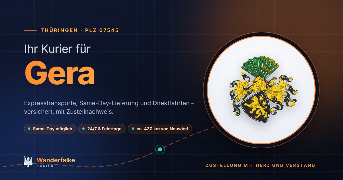 Kurierdienst Gera: Wappen von Gera und das Angebot von Wanderfalke Kurier – Express, Same-Day und Direktfahrt ab Neuwied