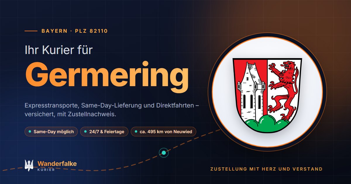 Kurierdienst Germering: Wappen von Germering und das Angebot von Wanderfalke Kurier – Express, Same-Day und Direktfahrt ab Neuwied