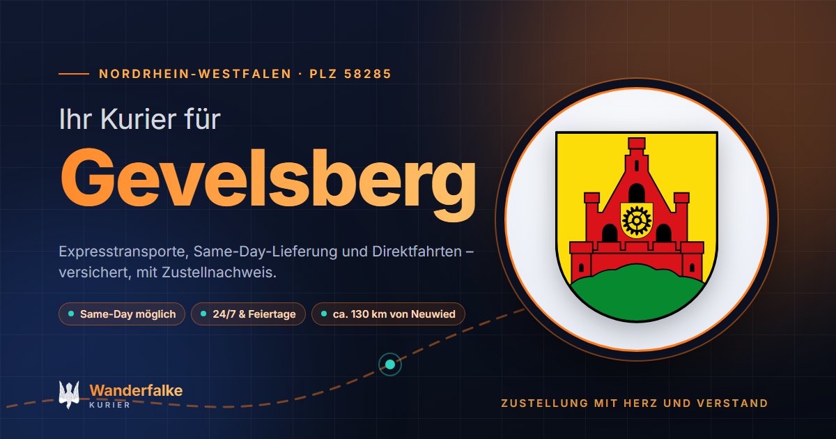 Kurierdienst Gevelsberg: Wappen von Gevelsberg und das Angebot von Wanderfalke Kurier – Express, Same-Day und Direktfahrt ab Neuwied