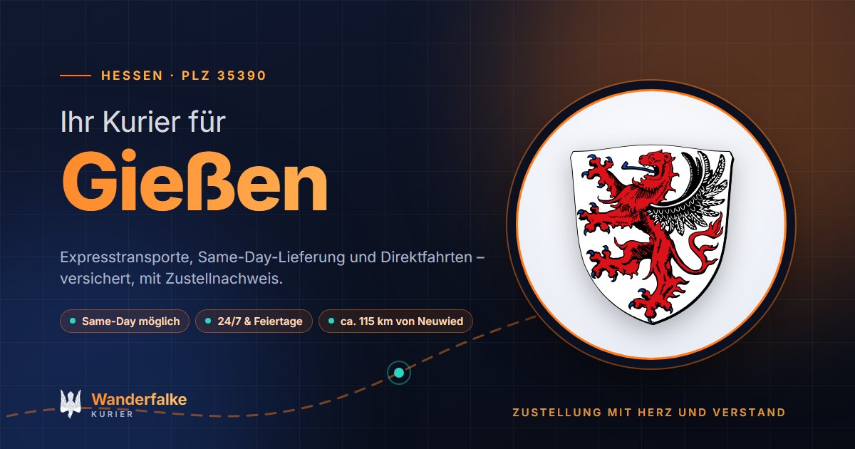 Kurierdienst Gießen: Wappen von Gießen und das Angebot von Wanderfalke Kurier – Express, Same-Day und Direktfahrt ab Neuwied