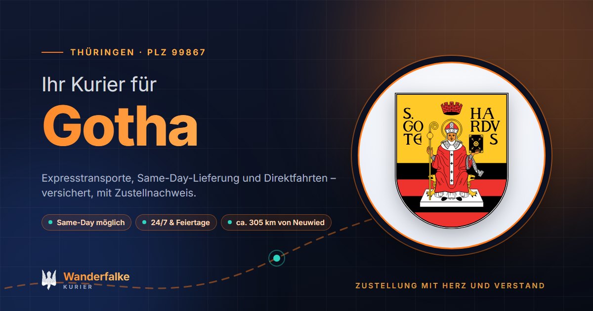 Kurierdienst Gotha: Wappen von Gotha und das Angebot von Wanderfalke Kurier – Express, Same-Day und Direktfahrt ab Neuwied