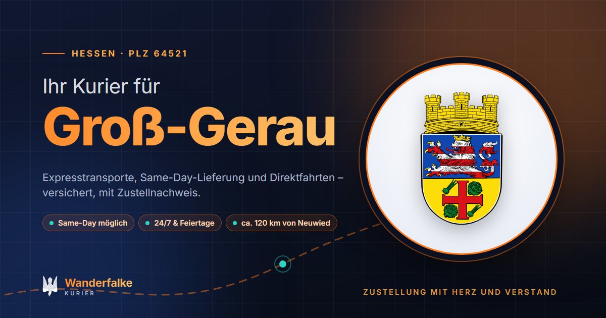 Kurierdienst Groß-Gerau: Wappen von Groß-Gerau und das Angebot von Wanderfalke Kurier – Express, Same-Day und Direktfahrt ab Neuwied
