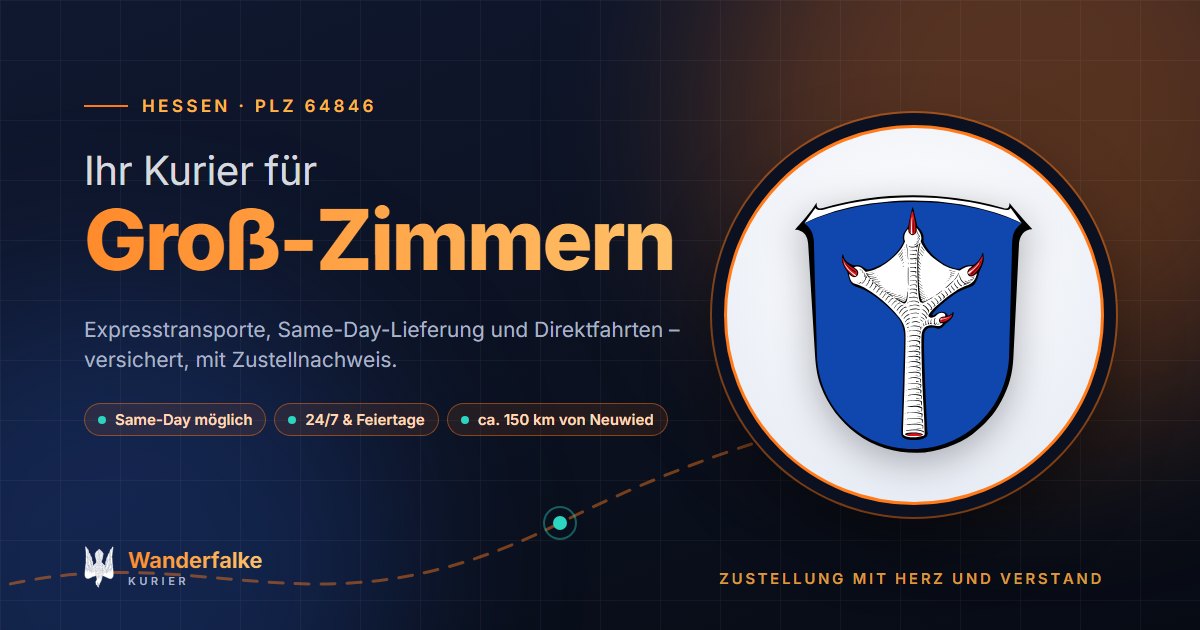 Kurierdienst Groß-Zimmern: Wappen von Groß-Zimmern und das Angebot von Wanderfalke Kurier – Express, Same-Day und Direktfahrt ab Neuwied