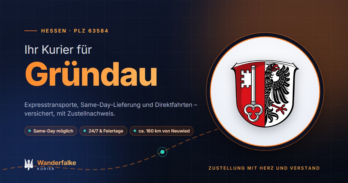 Kurierdienst Gründau: Wappen von Gründau und das Angebot von Wanderfalke Kurier – Express, Same-Day und Direktfahrt ab Neuwied