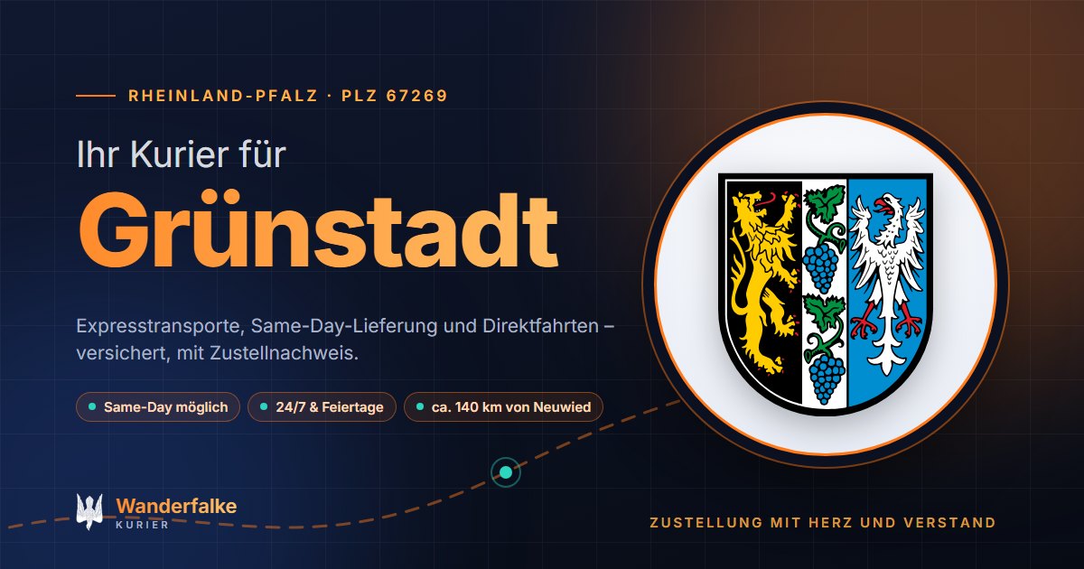 Kurierdienst Grünstadt: Wappen von Grünstadt und das Angebot von Wanderfalke Kurier – Express, Same-Day und Direktfahrt ab Neuwied