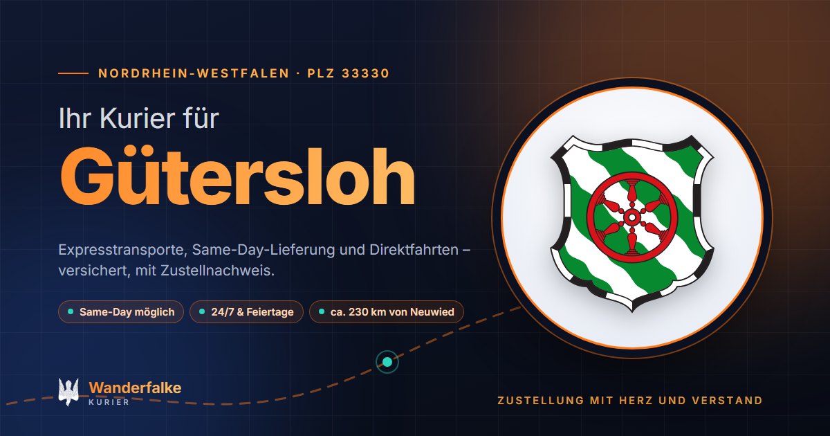 Kurierdienst Gütersloh: Wappen von Gütersloh und das Angebot von Wanderfalke Kurier – Express, Same-Day und Direktfahrt ab Neuwied