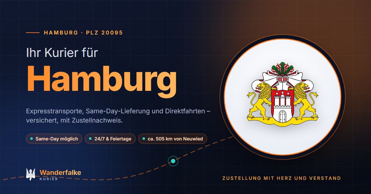 Kurierdienst Hamburg: Wappen von Hamburg und das Angebot von Wanderfalke Kurier – Express, Same-Day und Direktfahrt ab Neuwied