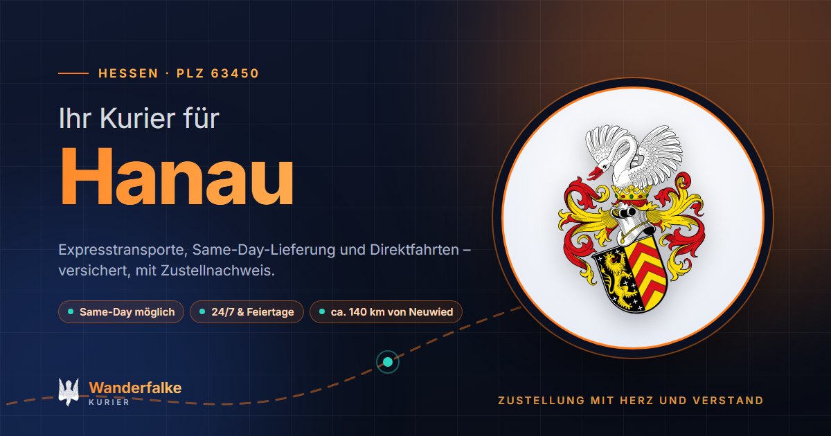 Kurierdienst Hanau: Wappen von Hanau und das Angebot von Wanderfalke Kurier – Express, Same-Day und Direktfahrt ab Neuwied