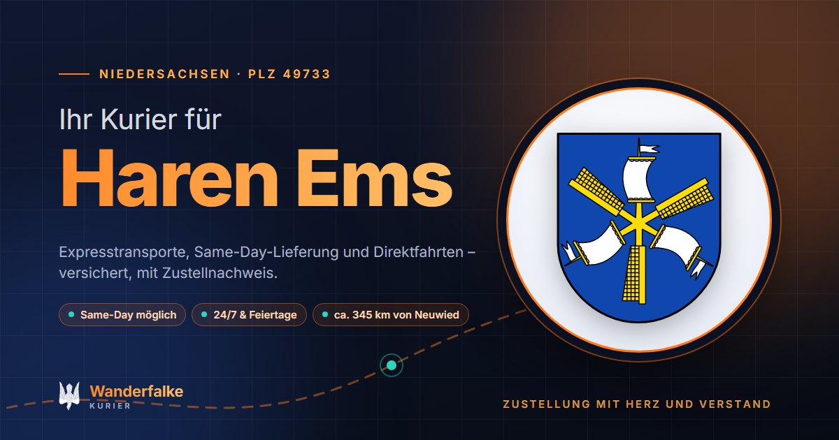 Kurierdienst Haren Ems: Wappen von Haren Ems und das Angebot von Wanderfalke Kurier – Express, Same-Day und Direktfahrt ab Neuwied