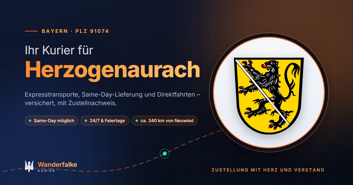 Kurierdienst Herzogenaurach: Wappen von Herzogenaurach und das Angebot von Wanderfalke Kurier – Express, Same-Day und Direktfahrt ab Neuwied