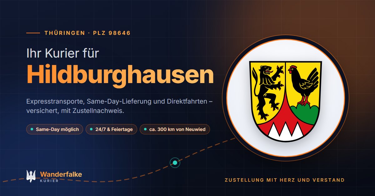 Kurierdienst Hildburghausen: Wappen von Hildburghausen und das Angebot von Wanderfalke Kurier – Express, Same-Day und Direktfahrt ab Neuwied