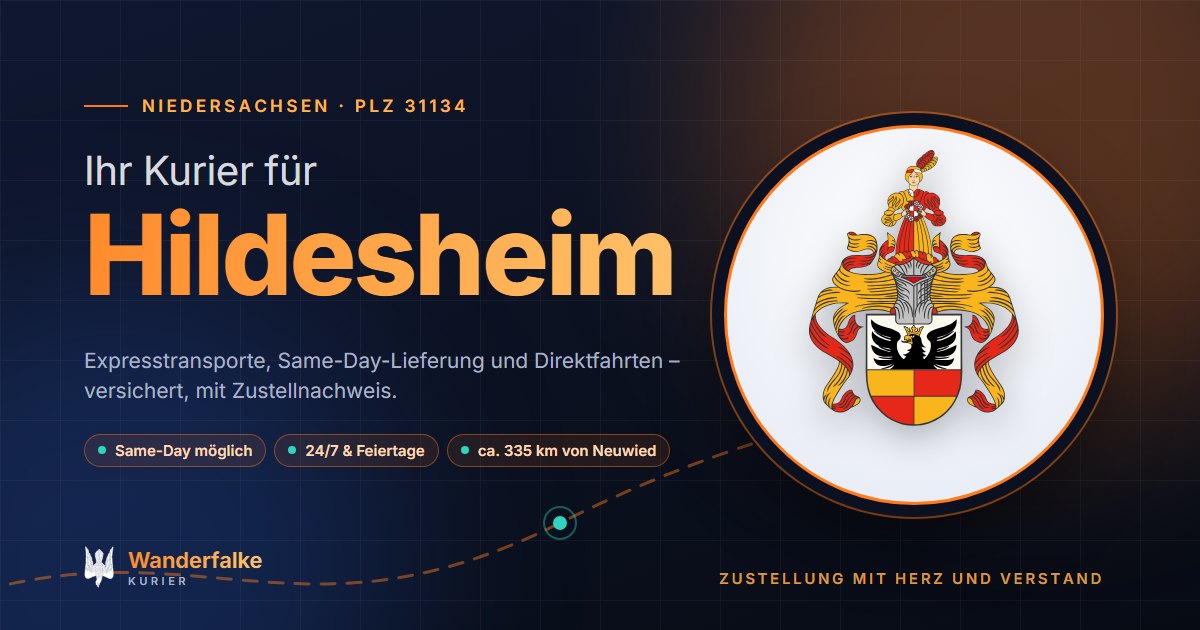 Kurierdienst Hildesheim: Wappen von Hildesheim und das Angebot von Wanderfalke Kurier – Express, Same-Day und Direktfahrt ab Neuwied