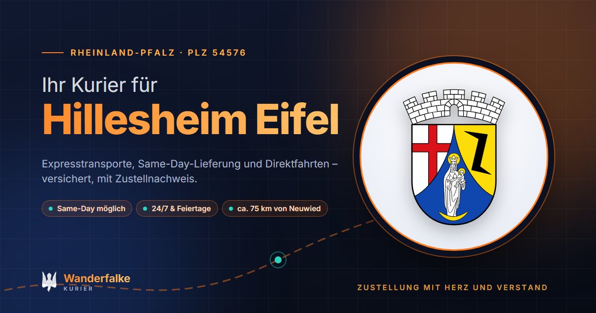 Kurierdienst Hillesheim Eifel: Wappen von Hillesheim Eifel und das Angebot von Wanderfalke Kurier – Express, Same-Day und Direktfahrt ab Neuwied