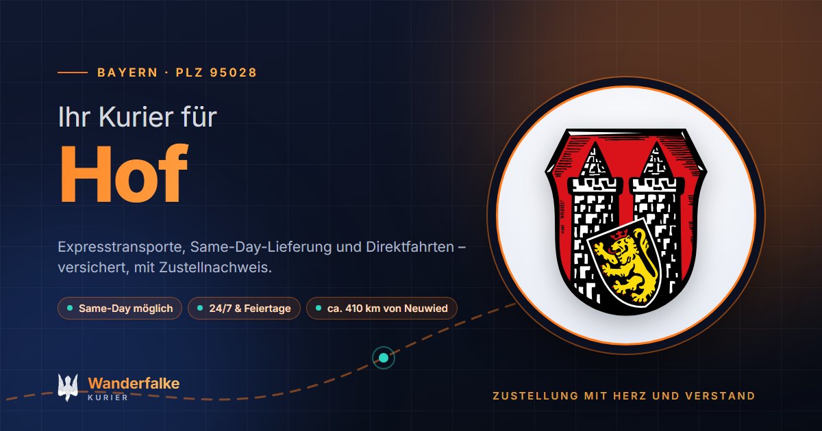 Kurierdienst Hof: Wappen von Hof und das Angebot von Wanderfalke Kurier – Express, Same-Day und Direktfahrt ab Neuwied