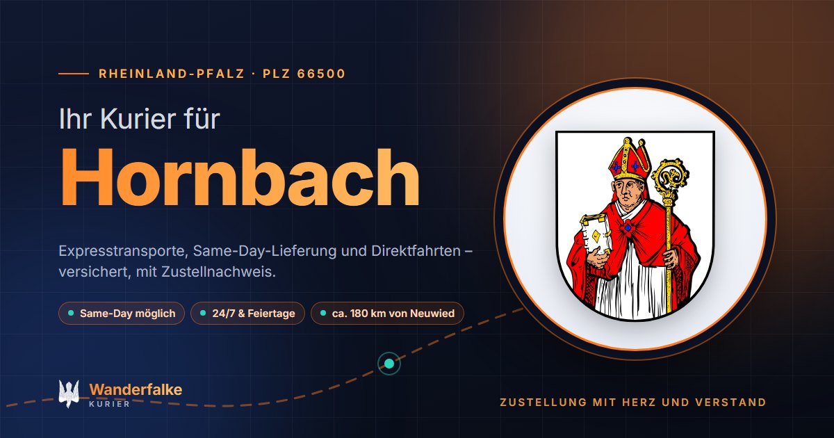 Kurierdienst Hornbach: Wappen von Hornbach und das Angebot von Wanderfalke Kurier – Express, Same-Day und Direktfahrt ab Neuwied