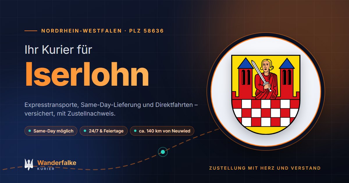 Kurierdienst Iserlohn: Wappen von Iserlohn und das Angebot von Wanderfalke Kurier – Express, Same-Day und Direktfahrt ab Neuwied
