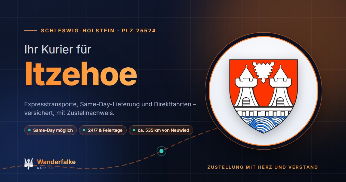 Kurierdienst Itzehoe: Wappen von Itzehoe und das Angebot von Wanderfalke Kurier – Express, Same-Day und Direktfahrt ab Neuwied