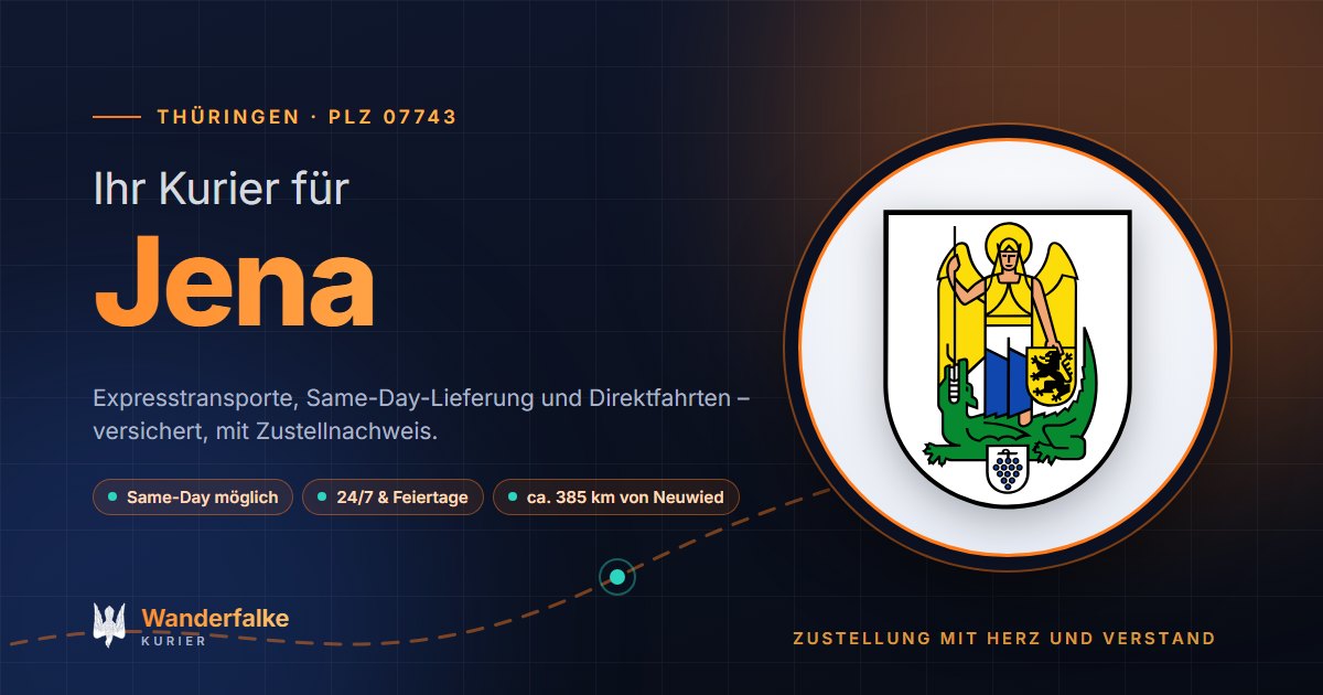 Kurierdienst Jena: Wappen von Jena und das Angebot von Wanderfalke Kurier – Express, Same-Day und Direktfahrt ab Neuwied