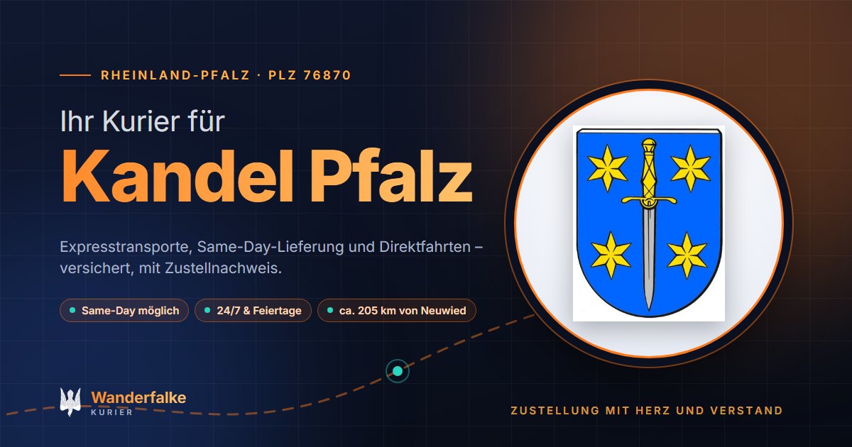 Kurierdienst Kandel Pfalz: Wappen von Kandel Pfalz und das Angebot von Wanderfalke Kurier – Express, Same-Day und Direktfahrt ab Neuwied