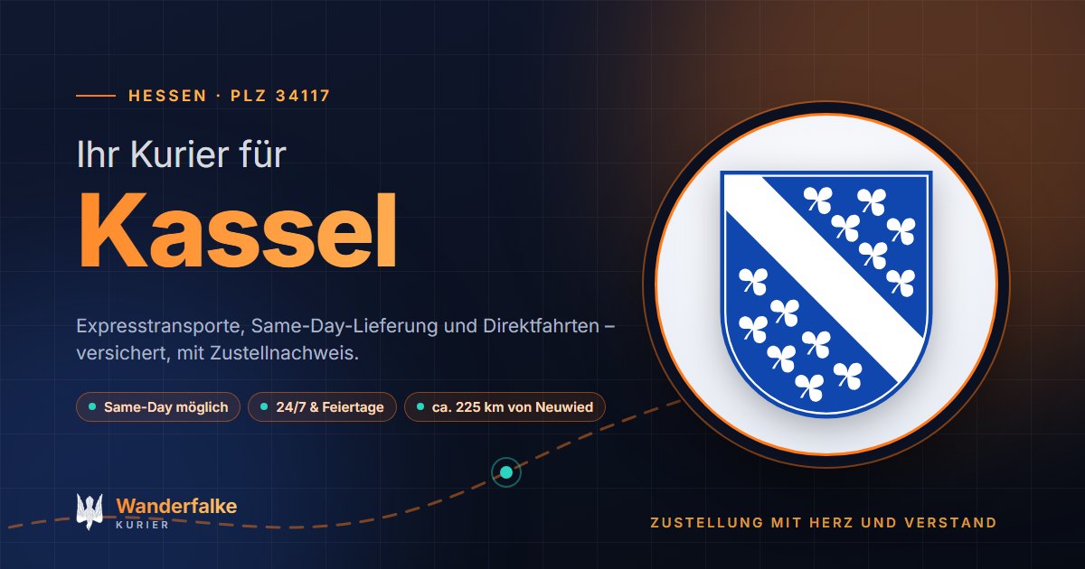 Kurierdienst Kassel: Wappen von Kassel und das Angebot von Wanderfalke Kurier – Express, Same-Day und Direktfahrt ab Neuwied