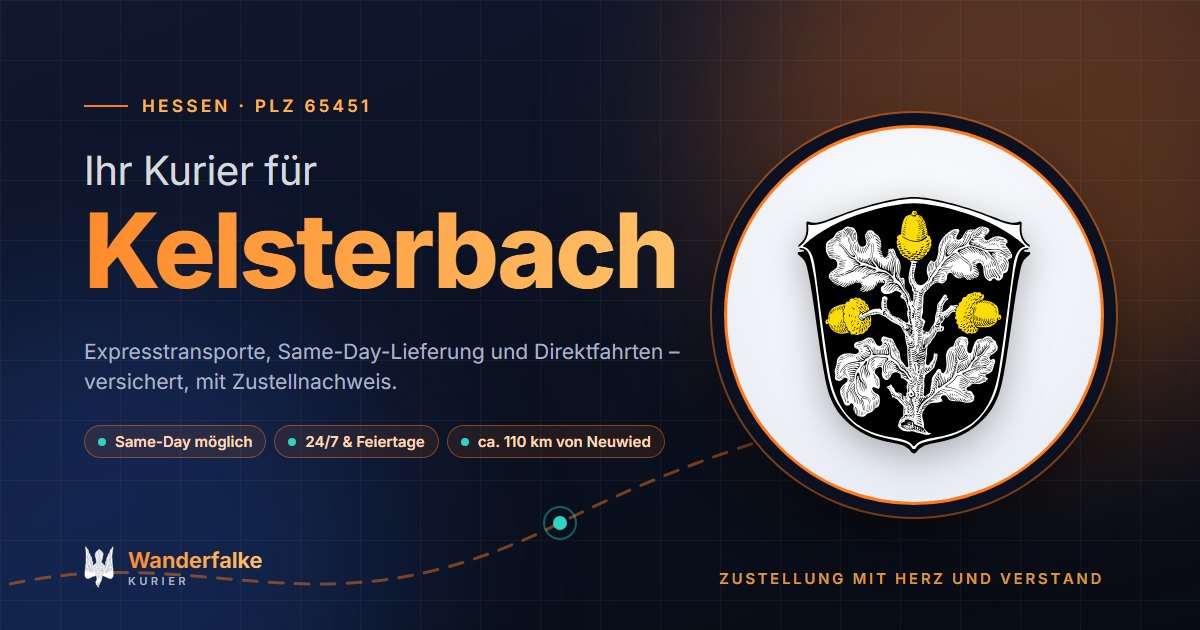 Kurierdienst Kelsterbach: Wappen von Kelsterbach und das Angebot von Wanderfalke Kurier – Express, Same-Day und Direktfahrt ab Neuwied