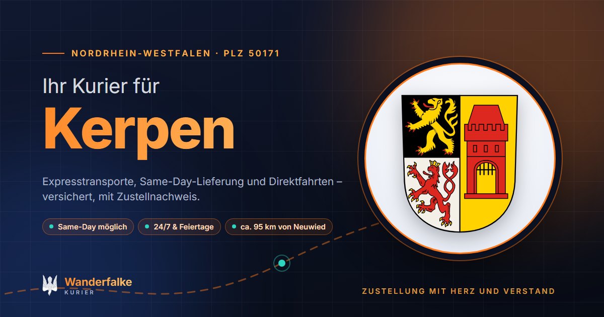 Kurierdienst Kerpen: Wappen von Kerpen und das Angebot von Wanderfalke Kurier – Express, Same-Day und Direktfahrt ab Neuwied
