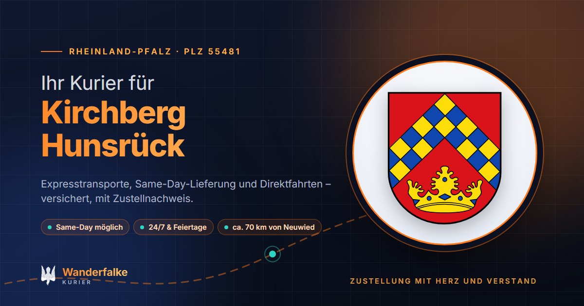 Kurierdienst Kirchberg Hunsrück: Wappen von Kirchberg Hunsrück und das Angebot von Wanderfalke Kurier – Express, Same-Day und Direktfahrt ab Neuwied