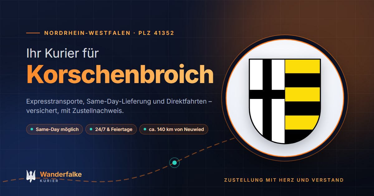 Kurierdienst Korschenbroich: Wappen von Korschenbroich und das Angebot von Wanderfalke Kurier – Express, Same-Day und Direktfahrt ab Neuwied