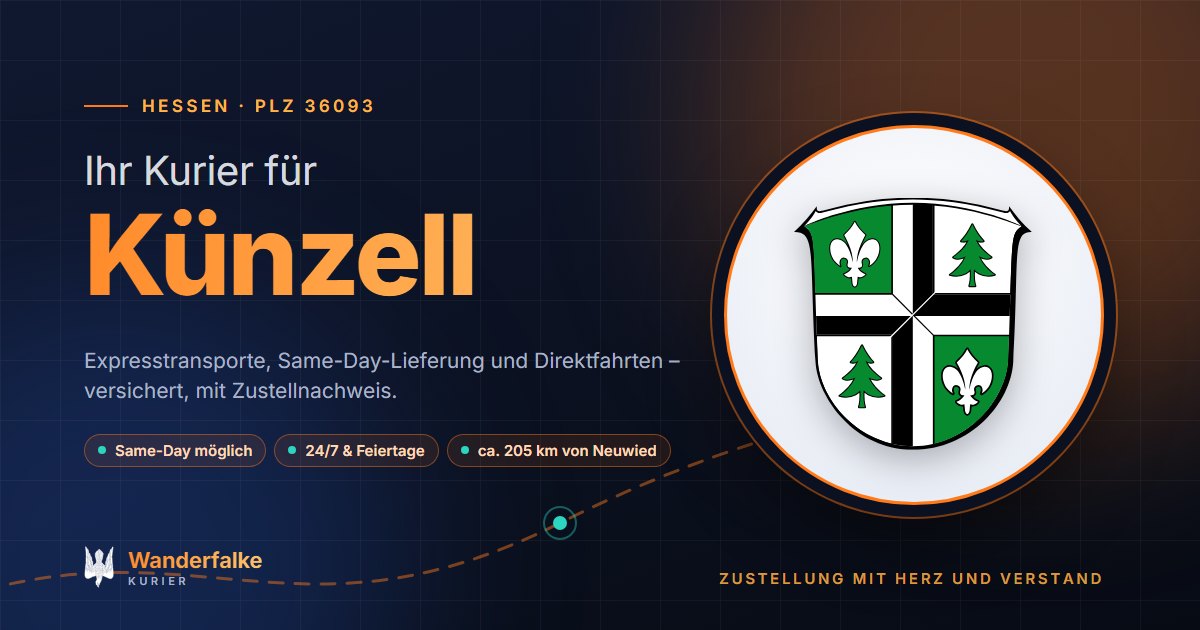 Kurierdienst Künzell: Wappen von Künzell und das Angebot von Wanderfalke Kurier – Express, Same-Day und Direktfahrt ab Neuwied