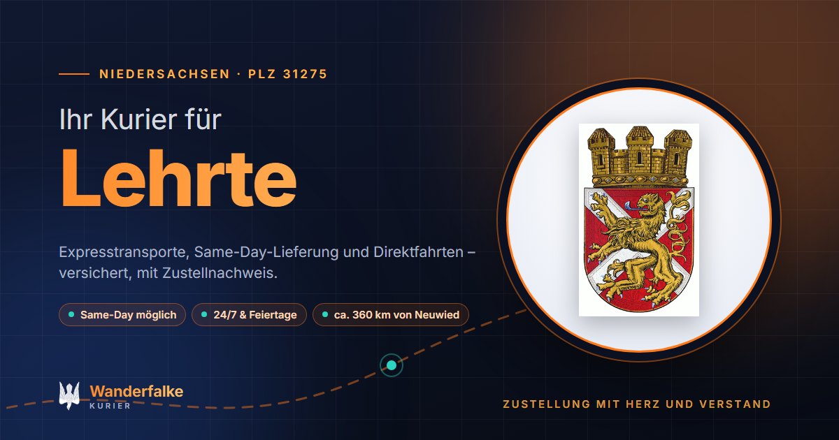 Kurierdienst Lehrte: Wappen von Lehrte und das Angebot von Wanderfalke Kurier – Express, Same-Day und Direktfahrt ab Neuwied