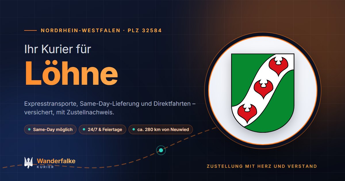 Kurierdienst Löhne: Wappen von Löhne und das Angebot von Wanderfalke Kurier – Express, Same-Day und Direktfahrt ab Neuwied