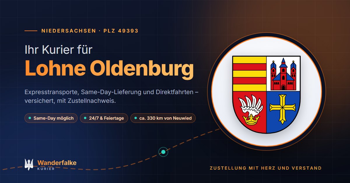 Kurierdienst Lohne Oldenburg: Wappen von Lohne Oldenburg und das Angebot von Wanderfalke Kurier – Express, Same-Day und Direktfahrt ab Neuwied