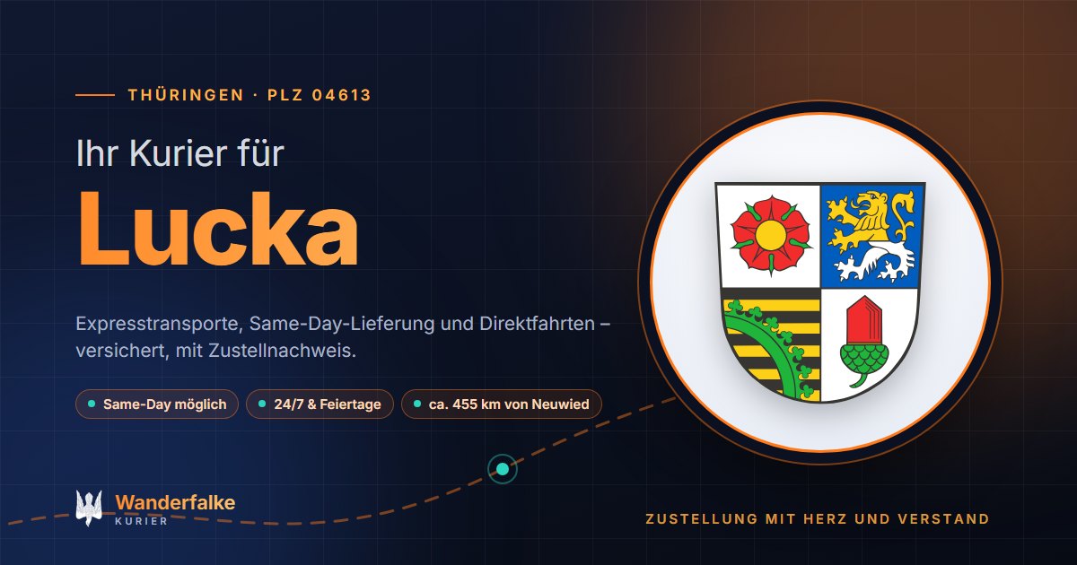 Kurierdienst Lucka: Wappen von Lucka und das Angebot von Wanderfalke Kurier – Express, Same-Day und Direktfahrt ab Neuwied