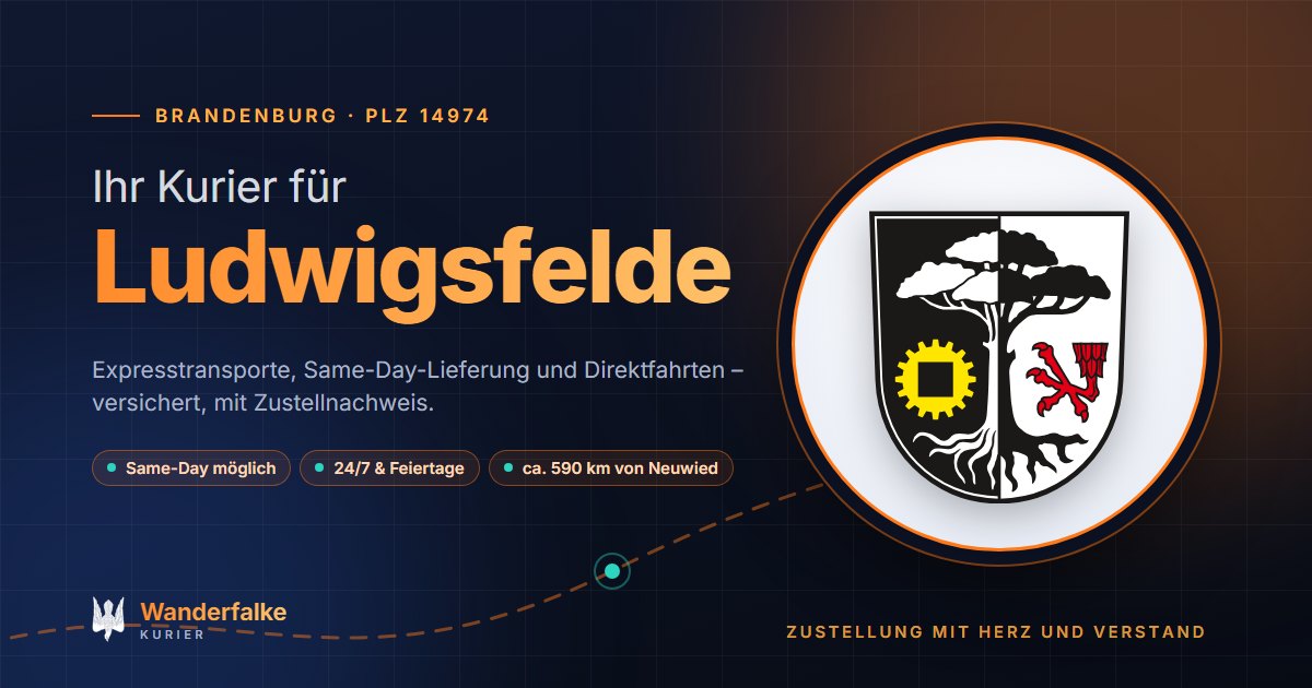 Kurierdienst Ludwigsfelde: Wappen von Ludwigsfelde und das Angebot von Wanderfalke Kurier – Express, Same-Day und Direktfahrt ab Neuwied
