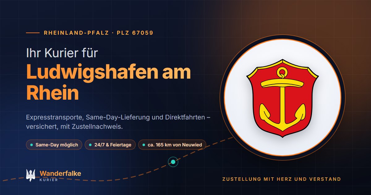 Kurierdienst Ludwigshafen am Rhein: Wappen von Ludwigshafen am Rhein und das Angebot von Wanderfalke Kurier – Express, Same-Day und Direktfahrt ab Neuwied