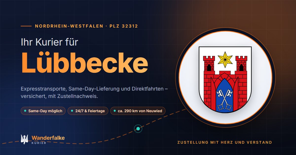 Kurierdienst Lübbecke: Wappen von Lübbecke und das Angebot von Wanderfalke Kurier – Express, Same-Day und Direktfahrt ab Neuwied