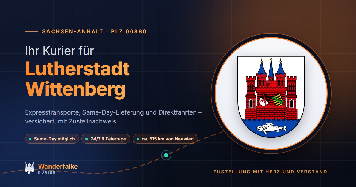 Kurierdienst Lutherstadt Wittenberg: Wappen von Lutherstadt Wittenberg und das Angebot von Wanderfalke Kurier – Express, Same-Day und Direktfahrt ab Neuwied