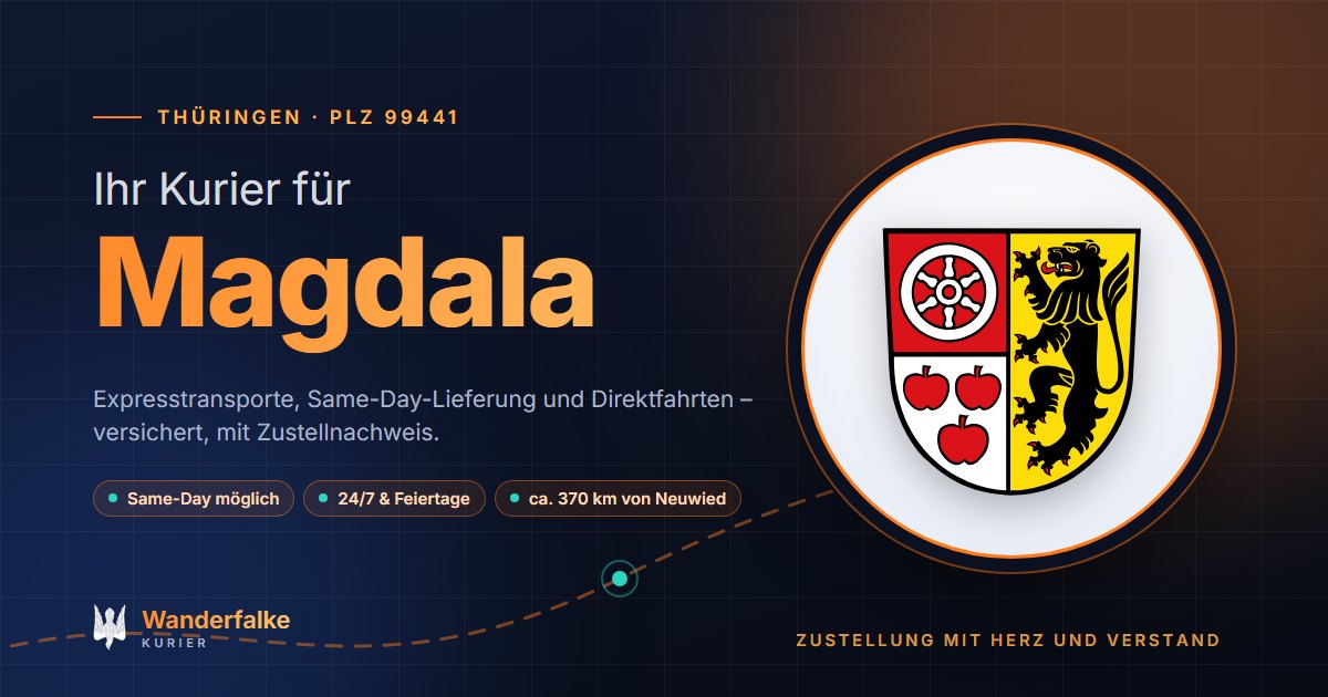 Kurierdienst Magdala: Wappen von Magdala und das Angebot von Wanderfalke Kurier – Express, Same-Day und Direktfahrt ab Neuwied