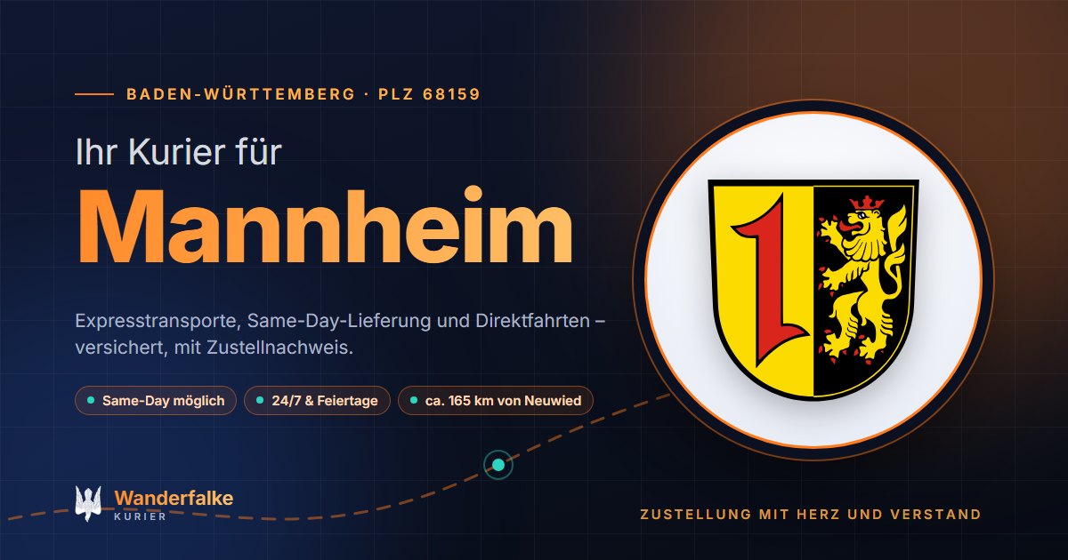 Kurierdienst Mannheim: Wappen von Mannheim und das Angebot von Wanderfalke Kurier – Express, Same-Day und Direktfahrt ab Neuwied