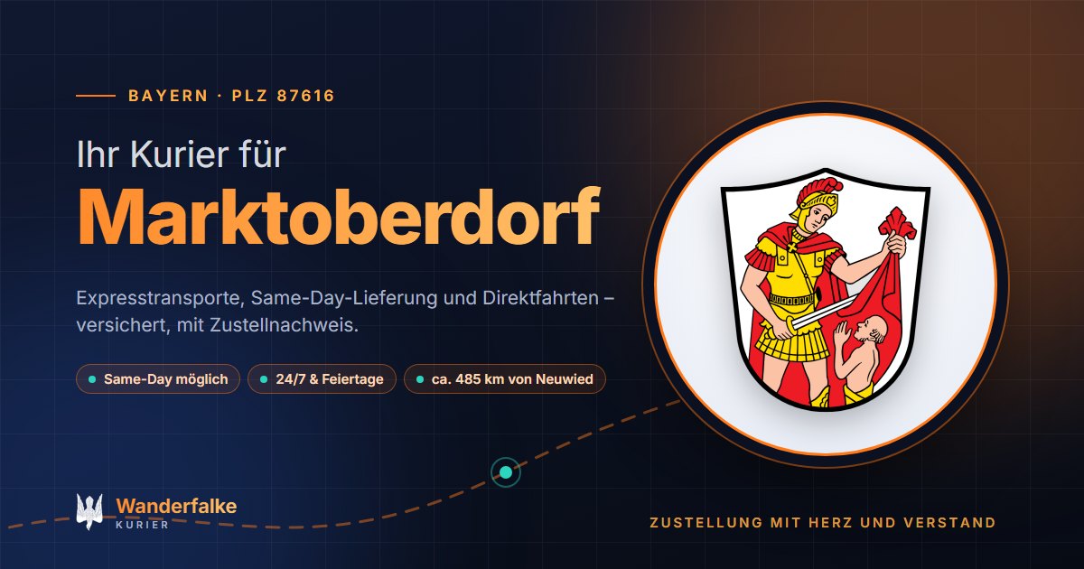 Kurierdienst Marktoberdorf: Wappen von Marktoberdorf und das Angebot von Wanderfalke Kurier – Express, Same-Day und Direktfahrt ab Neuwied