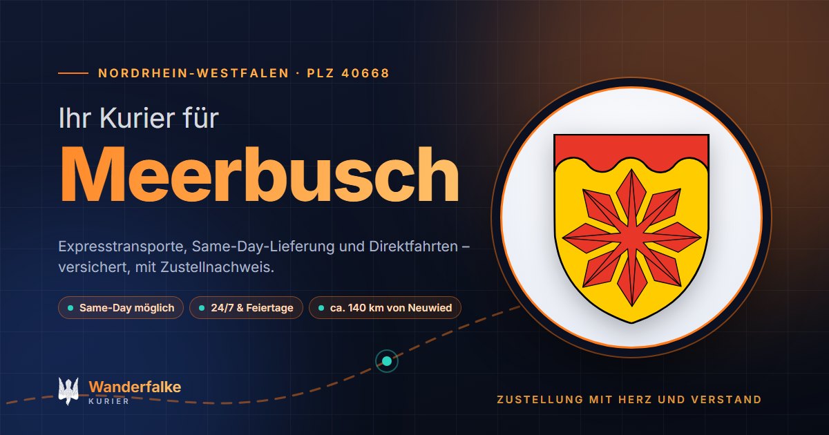 Kurierdienst Meerbusch: Wappen von Meerbusch und das Angebot von Wanderfalke Kurier – Express, Same-Day und Direktfahrt ab Neuwied