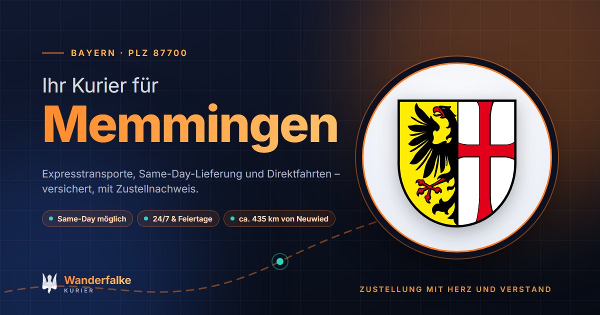 Kurierdienst Memmingen: Wappen von Memmingen und das Angebot von Wanderfalke Kurier – Express, Same-Day und Direktfahrt ab Neuwied