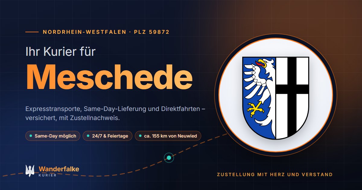 Kurierdienst Meschede: Wappen von Meschede und das Angebot von Wanderfalke Kurier – Express, Same-Day und Direktfahrt ab Neuwied