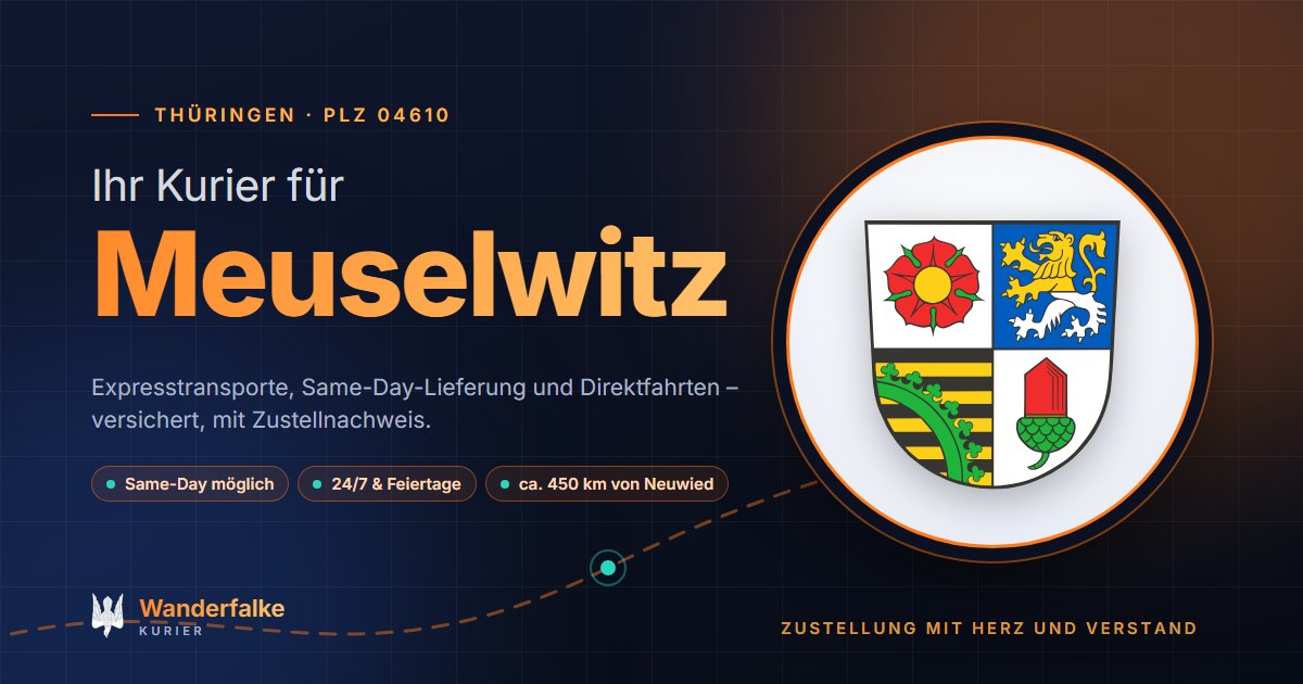 Kurierdienst Meuselwitz: Wappen von Meuselwitz und das Angebot von Wanderfalke Kurier – Express, Same-Day und Direktfahrt ab Neuwied