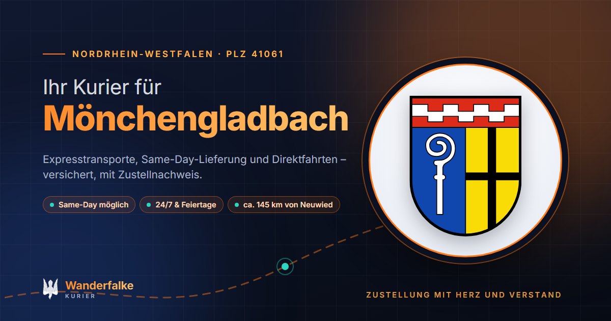 Kurierdienst Mönchengladbach: Wappen von Mönchengladbach und das Angebot von Wanderfalke Kurier – Express, Same-Day und Direktfahrt ab Neuwied