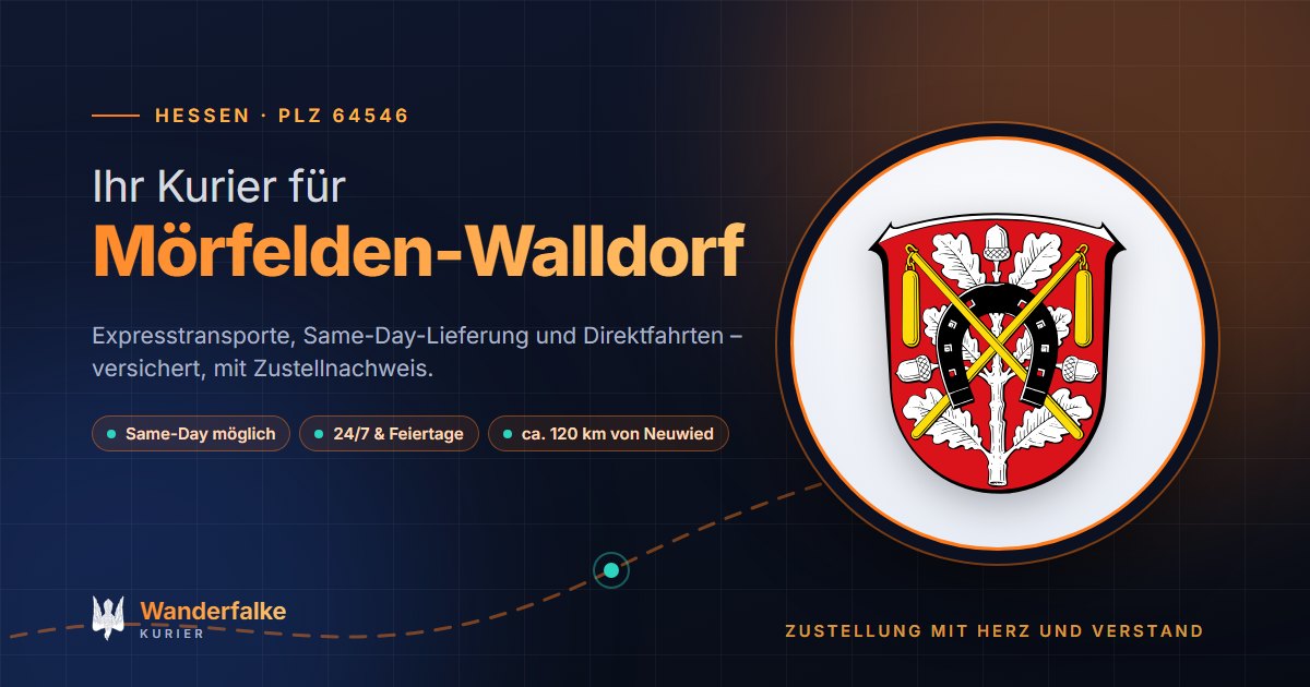 Kurierdienst Mörfelden-Walldorf: Wappen von Mörfelden-Walldorf und das Angebot von Wanderfalke Kurier – Express, Same-Day und Direktfahrt ab Neuwied