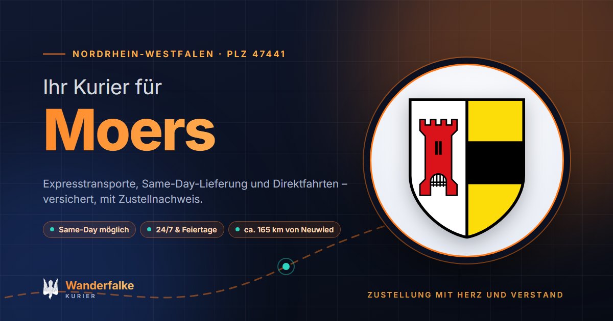 Kurierdienst Moers: Wappen von Moers und das Angebot von Wanderfalke Kurier – Express, Same-Day und Direktfahrt ab Neuwied