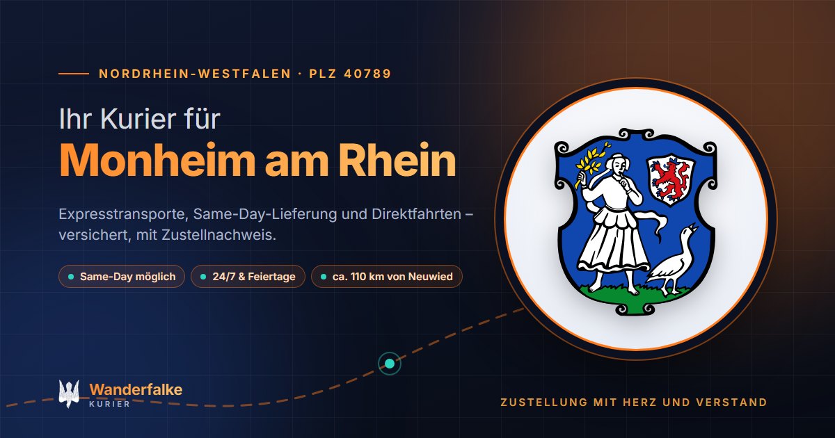 Kurierdienst Monheim am Rhein: Wappen von Monheim am Rhein und das Angebot von Wanderfalke Kurier – Express, Same-Day und Direktfahrt ab Neuwied
